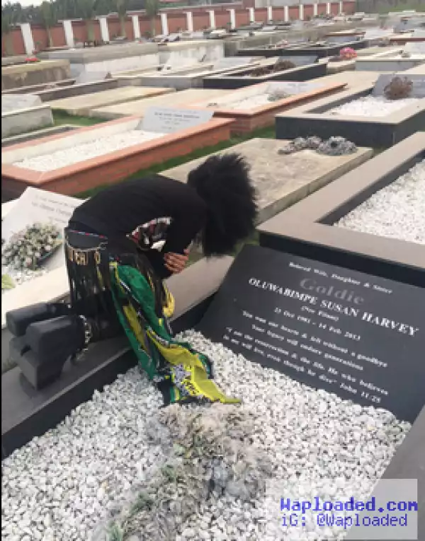 Denrele Edun Visits Goldie’s Graveside; Pays Touching Tribute To Her On His Knees (Photos)